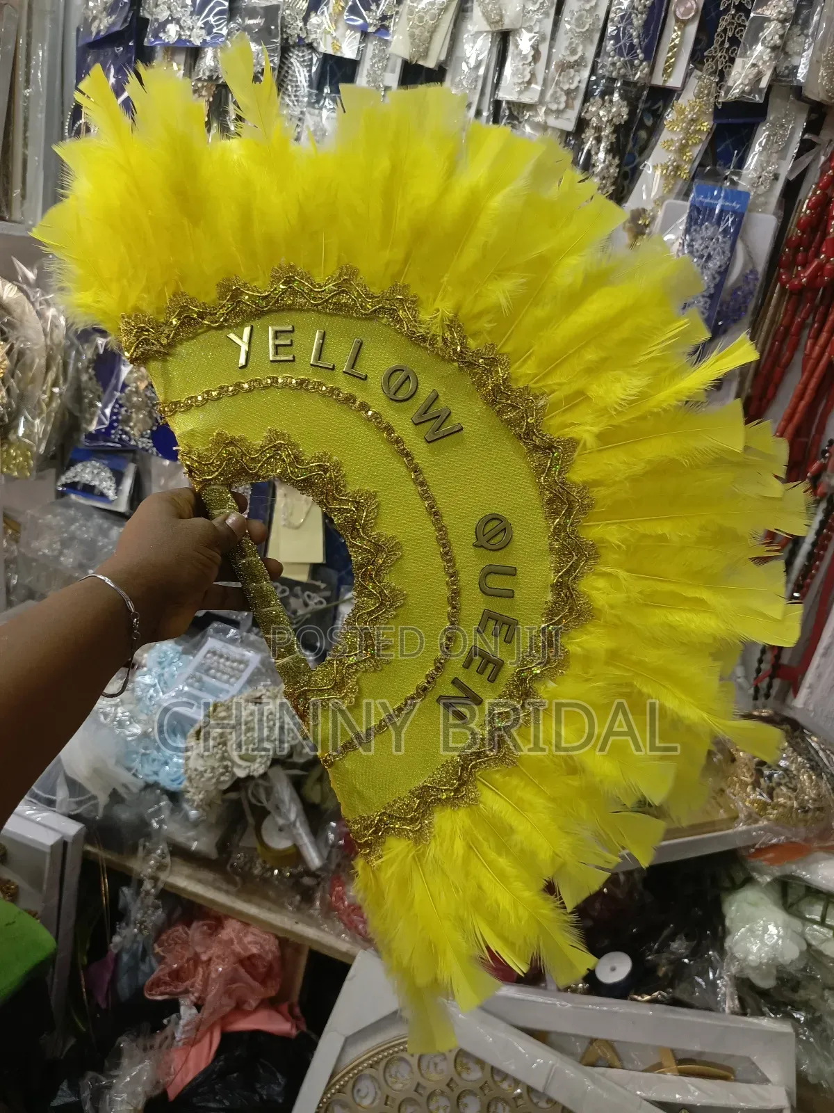Yellow Customized Feather Hand Fan