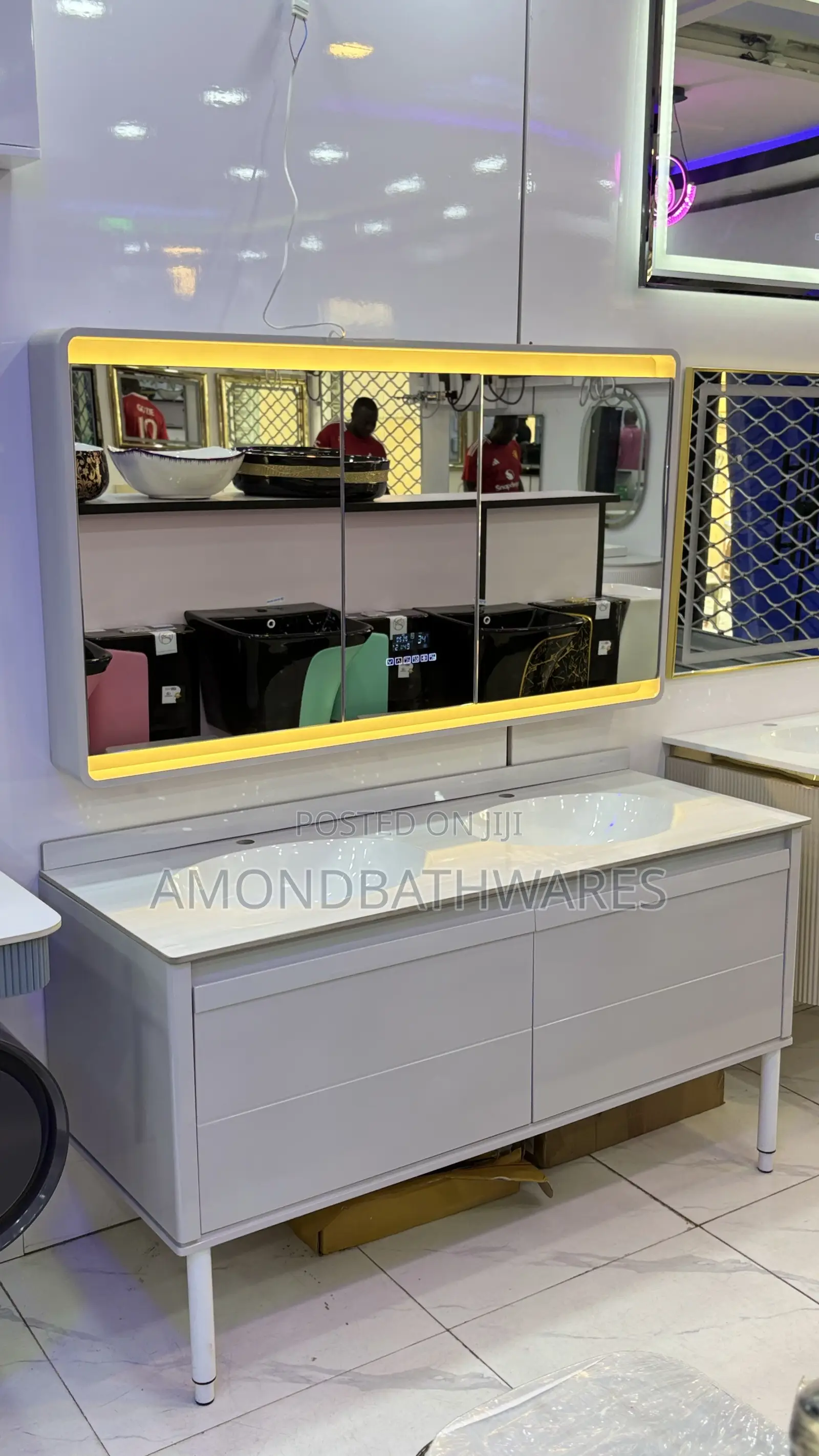 Glossy Cream Double Bowl Cabinet