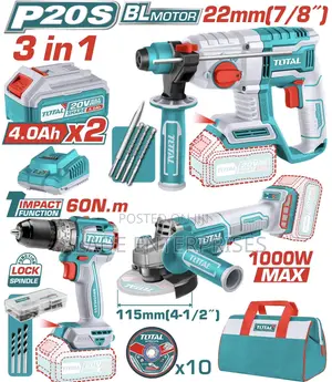 Total 3in1 Cordless Kit - Grinder, Hammer Drill, 66nm Drill