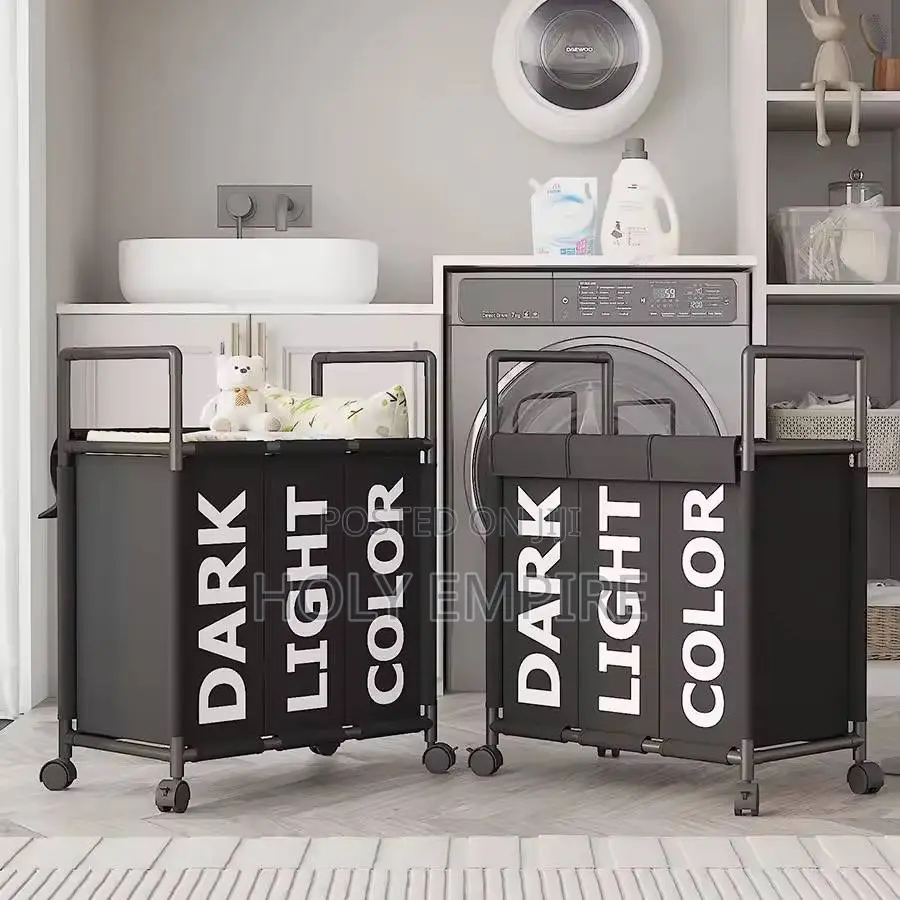 3 Compartment Rolling Laundry Basket With Lid, Mobile Dirty Clothes