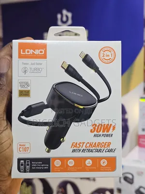 Ldnio Fast Car Charger With Retractable Cable - iPhone Android