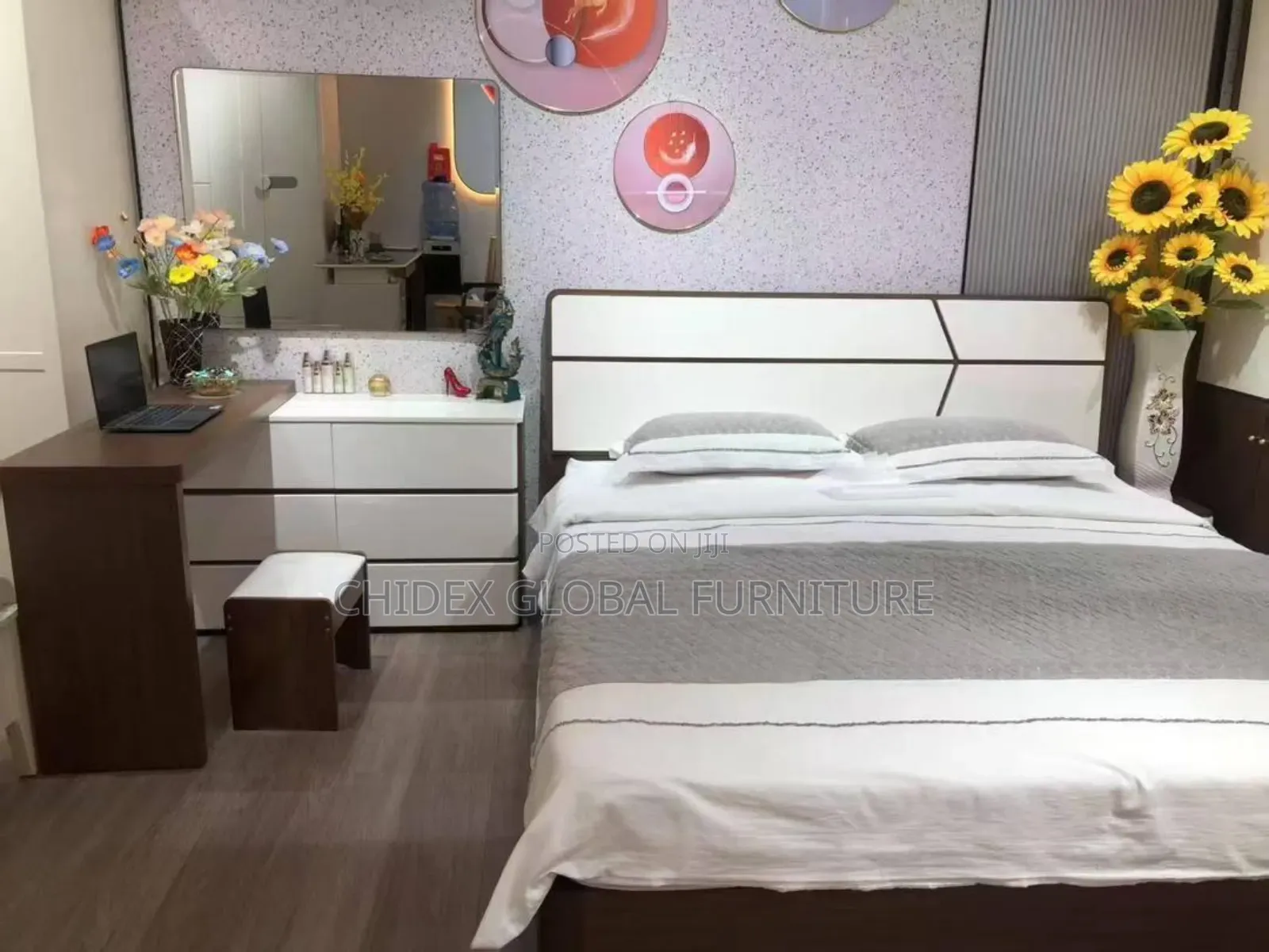 Turkish Executive Simple Bed Frame With Two Side Drawers and a Mirror