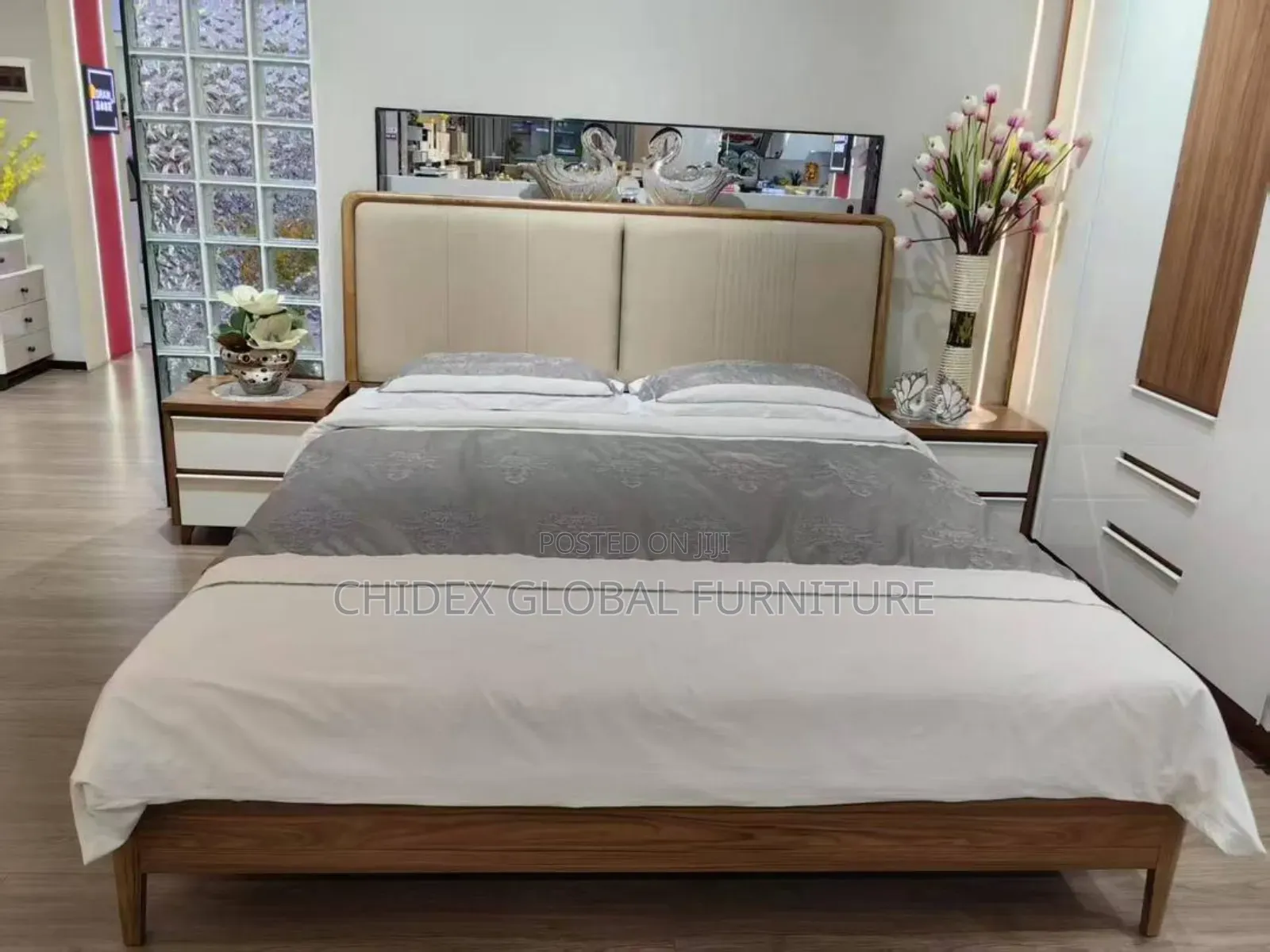 Turkish Executive Simple Bed Frame With Two Side Drawers and a Mirror