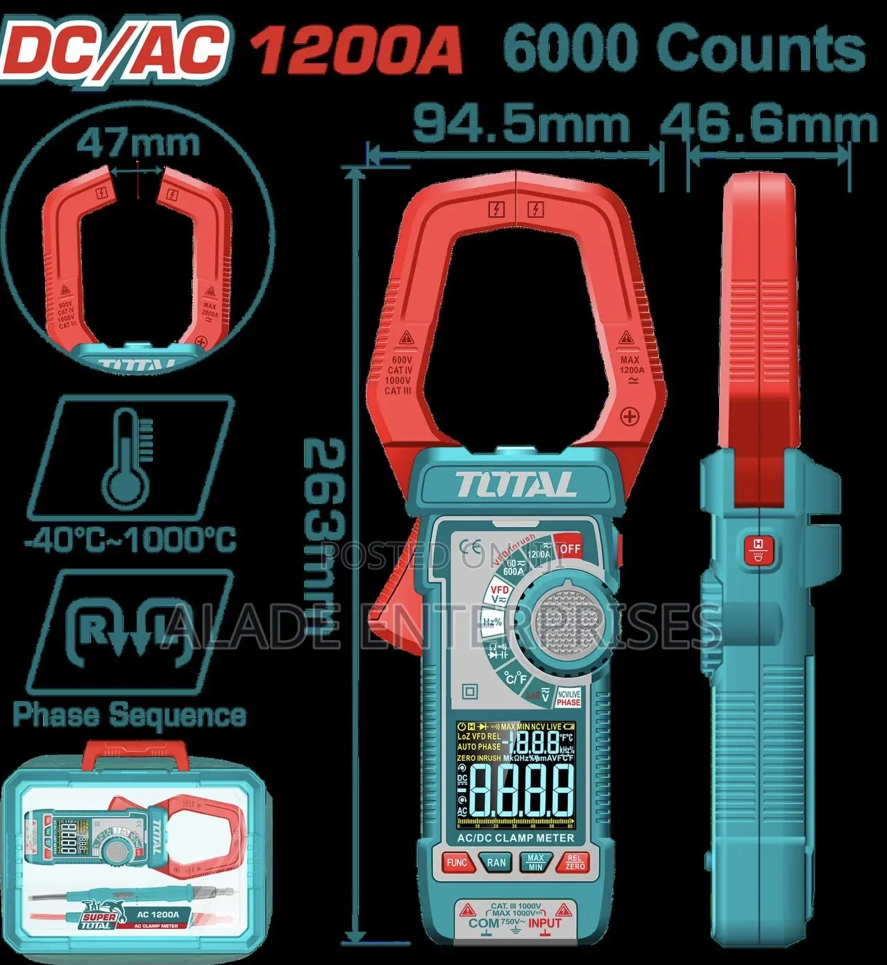 Digital Ac/Dc Clamp Meter1200a Total