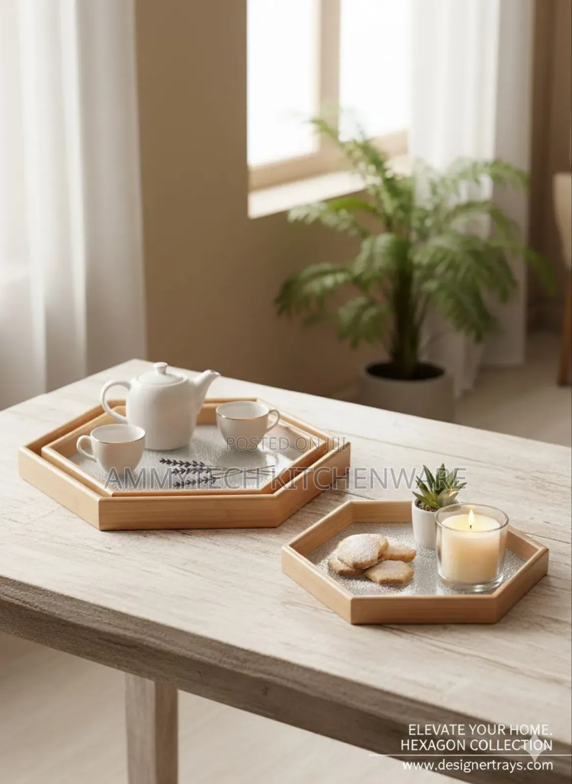 3pcs Hexagon Bamboo Tray