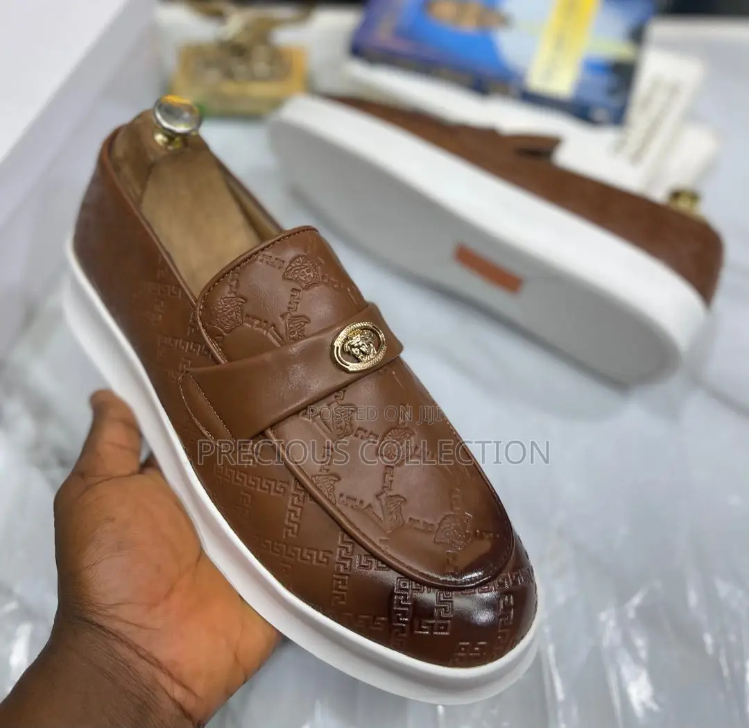 Versace White Sole, Matte Leather Patterned Loafers