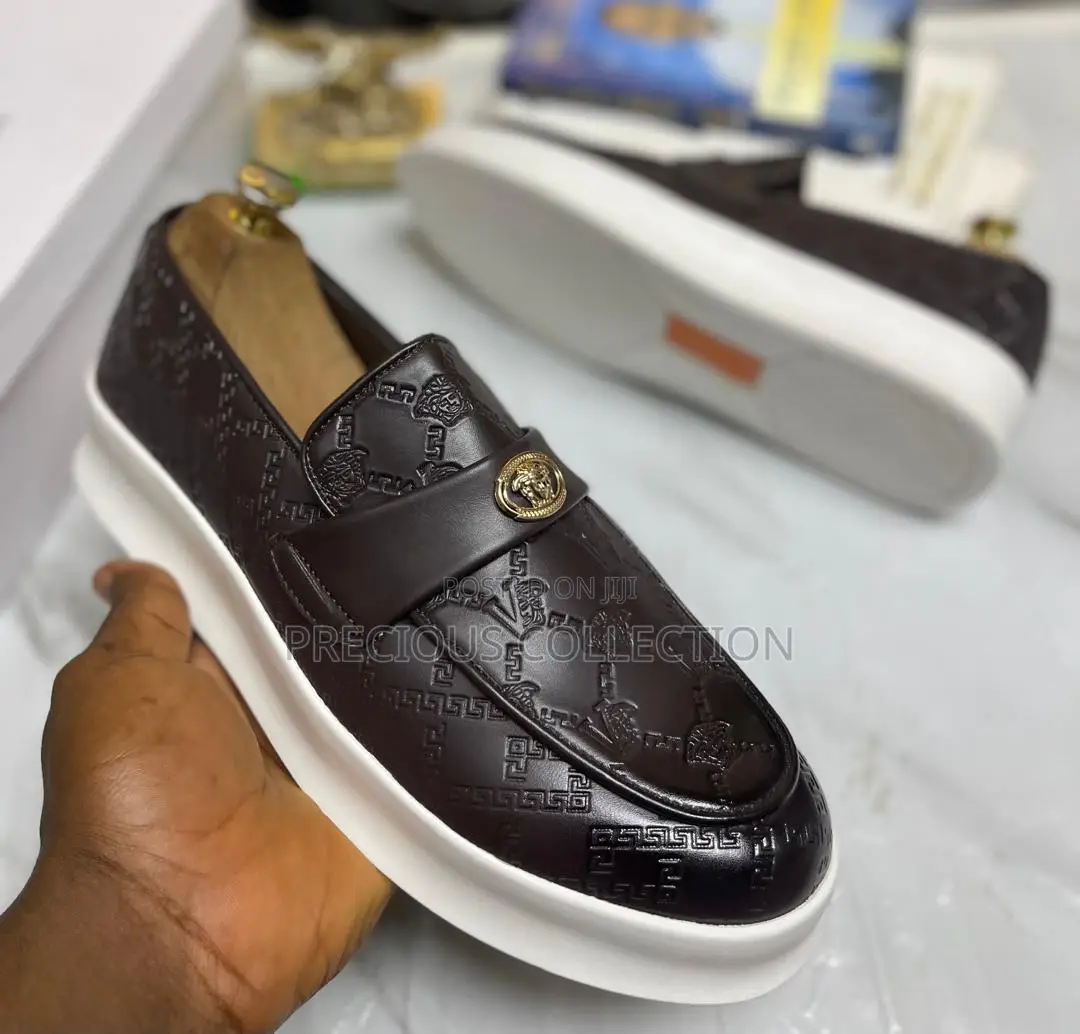 Versace White Sole, Matte Leather Patterned Loafers