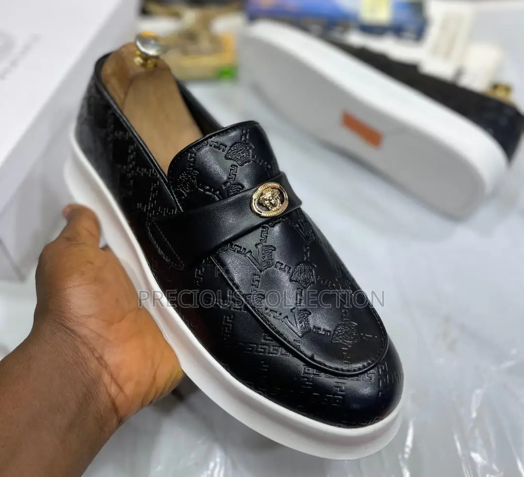 Versace White Sole, Matte Leather Patterned Loafers