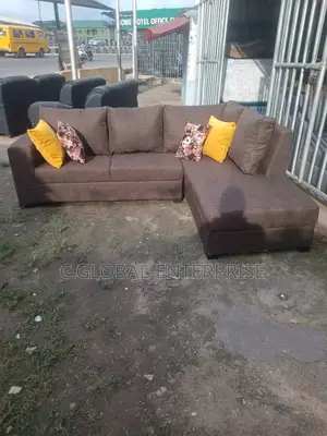 5 Seater L-shaped Sofa Fabric Brown With Throw Pillow And Ottoman