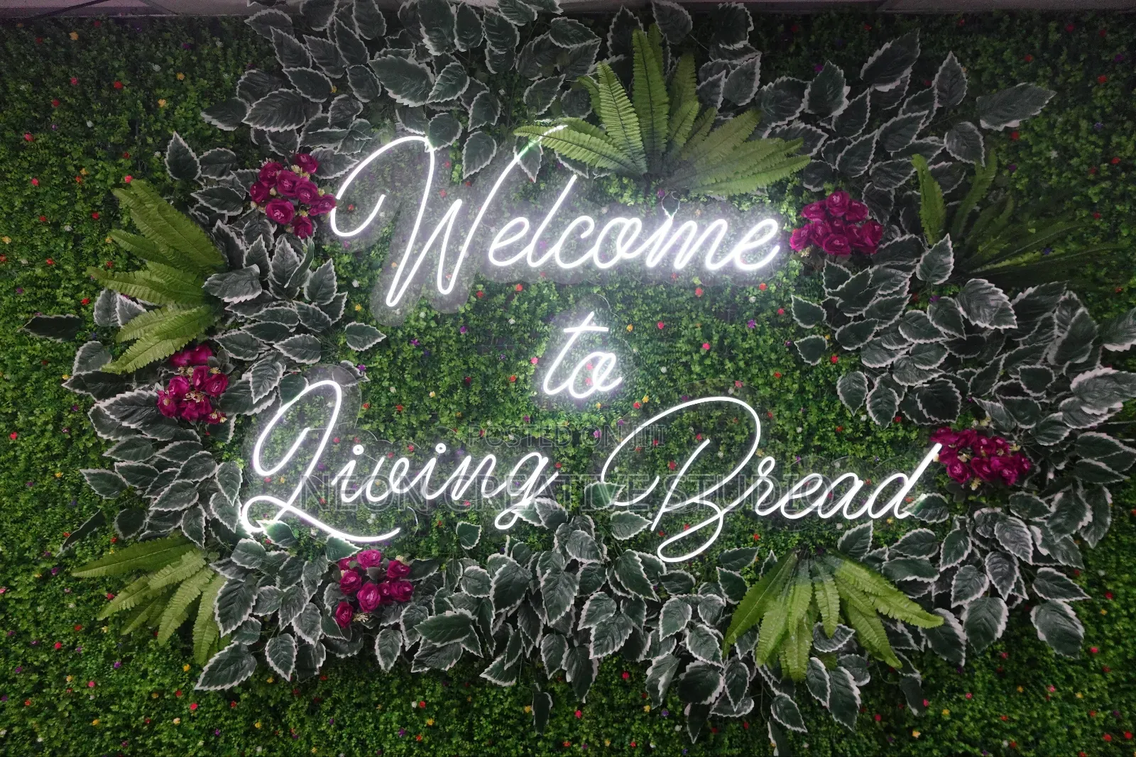 Custom Neon Sign Design With Floral Backdrop Installation