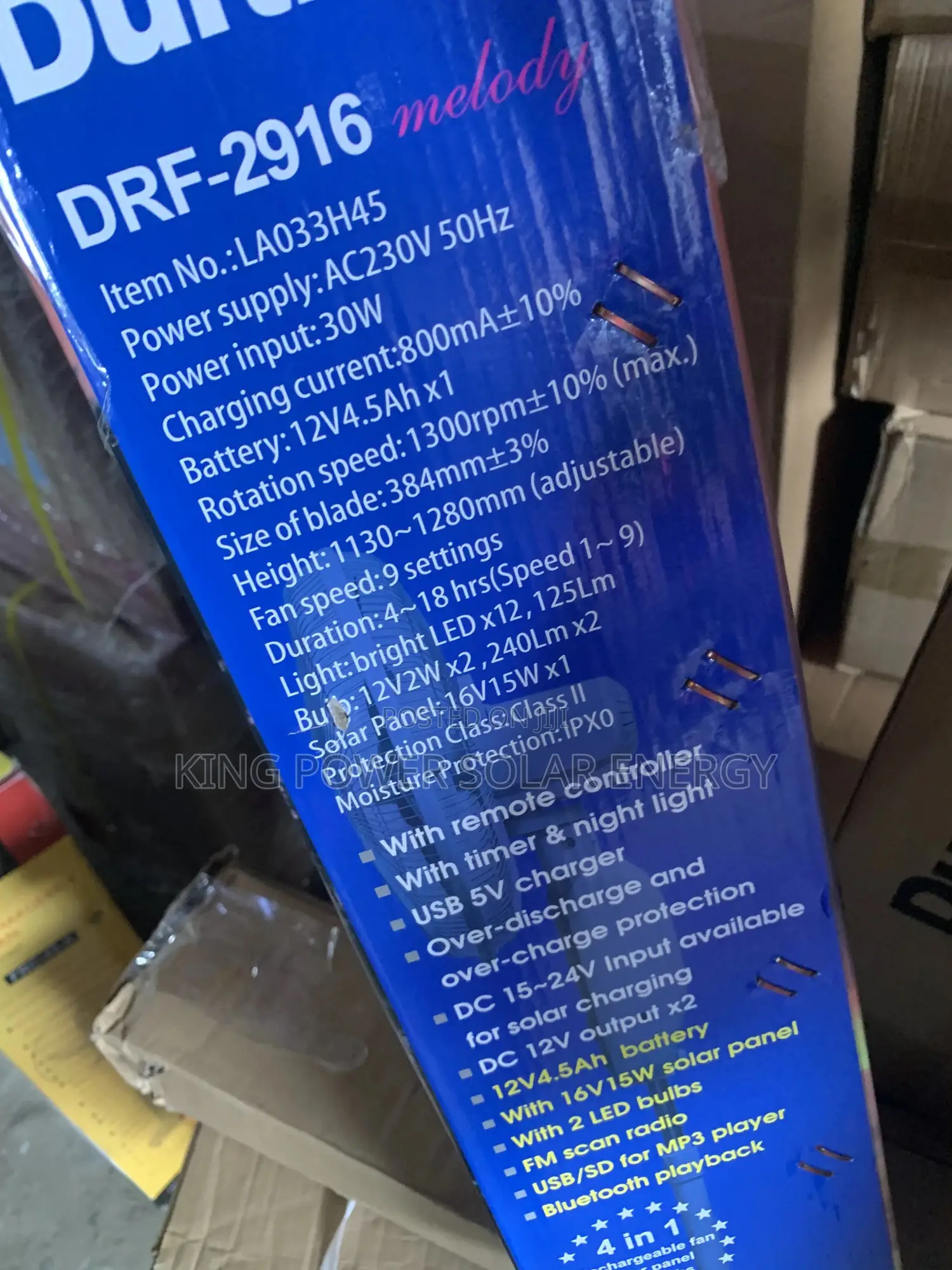16” Duravolt Solar Rechargeable Fan