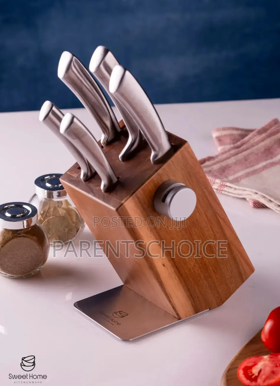 Group Tiger 5-Piece Wooden Stand Knife Set + Sharpener