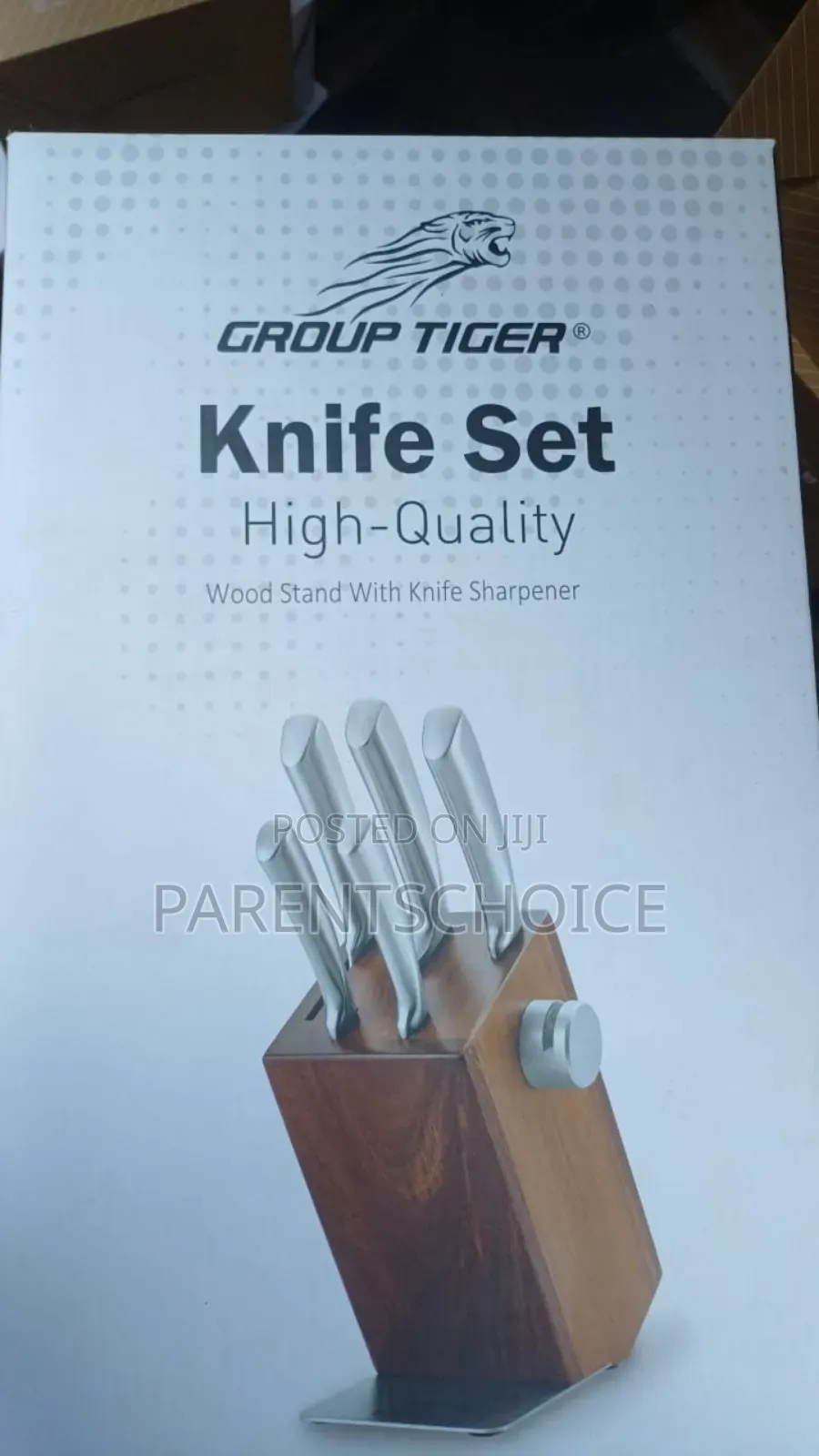 Group Tiger 5-Piece Wooden Stand Knife Set + Sharpener