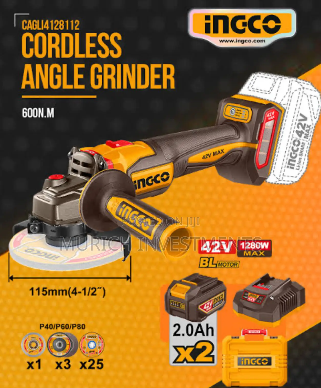 Ingco 42v 1280w Cordless Angle Grinder