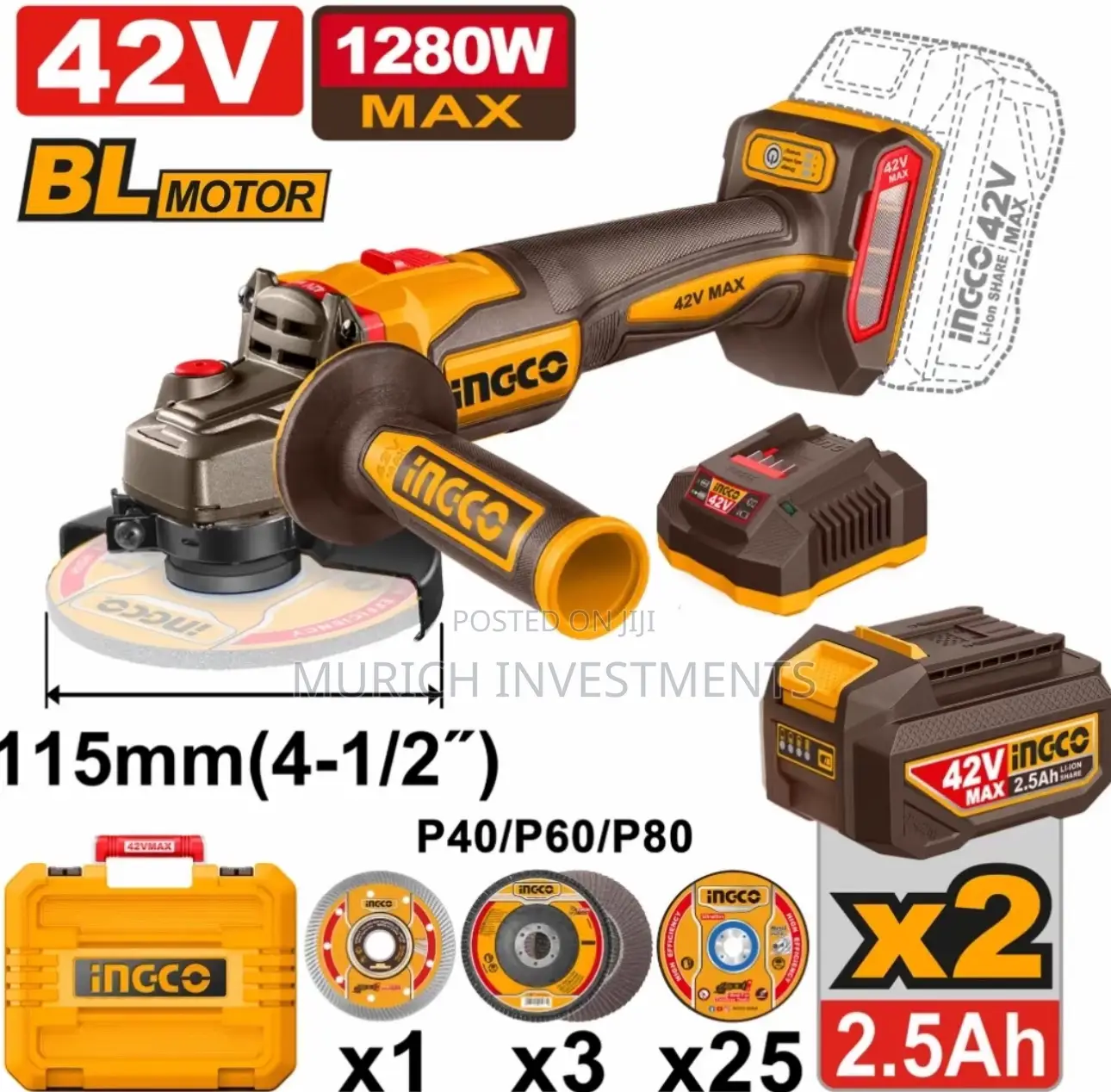 Ingco 42v 1280w Cordless Angle Grinder