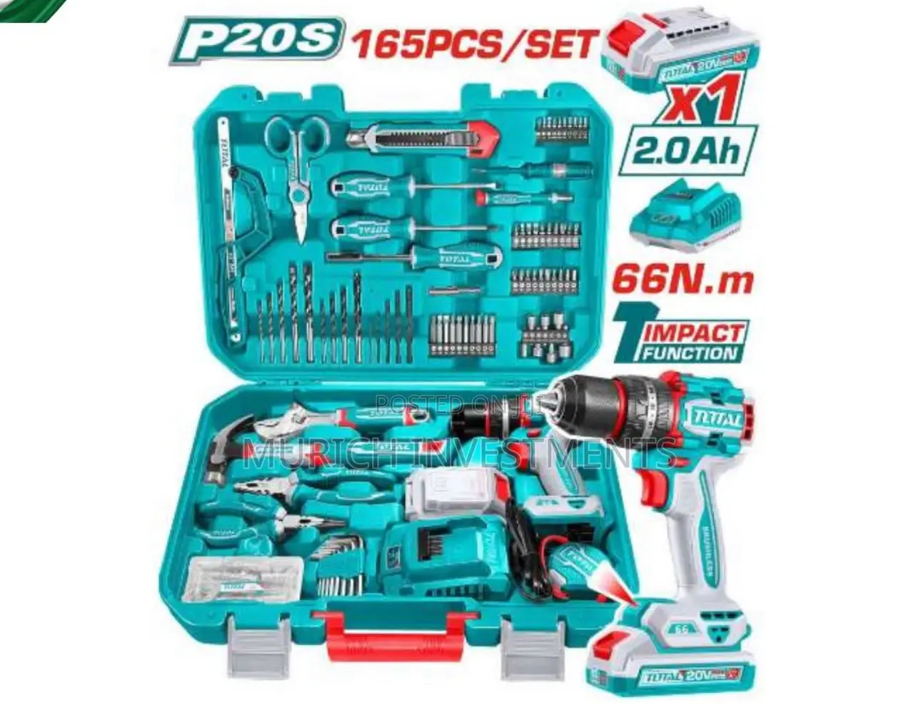 Total 165pcs Tool Set + 20v Lithium Impact Drill – Thkthp11652