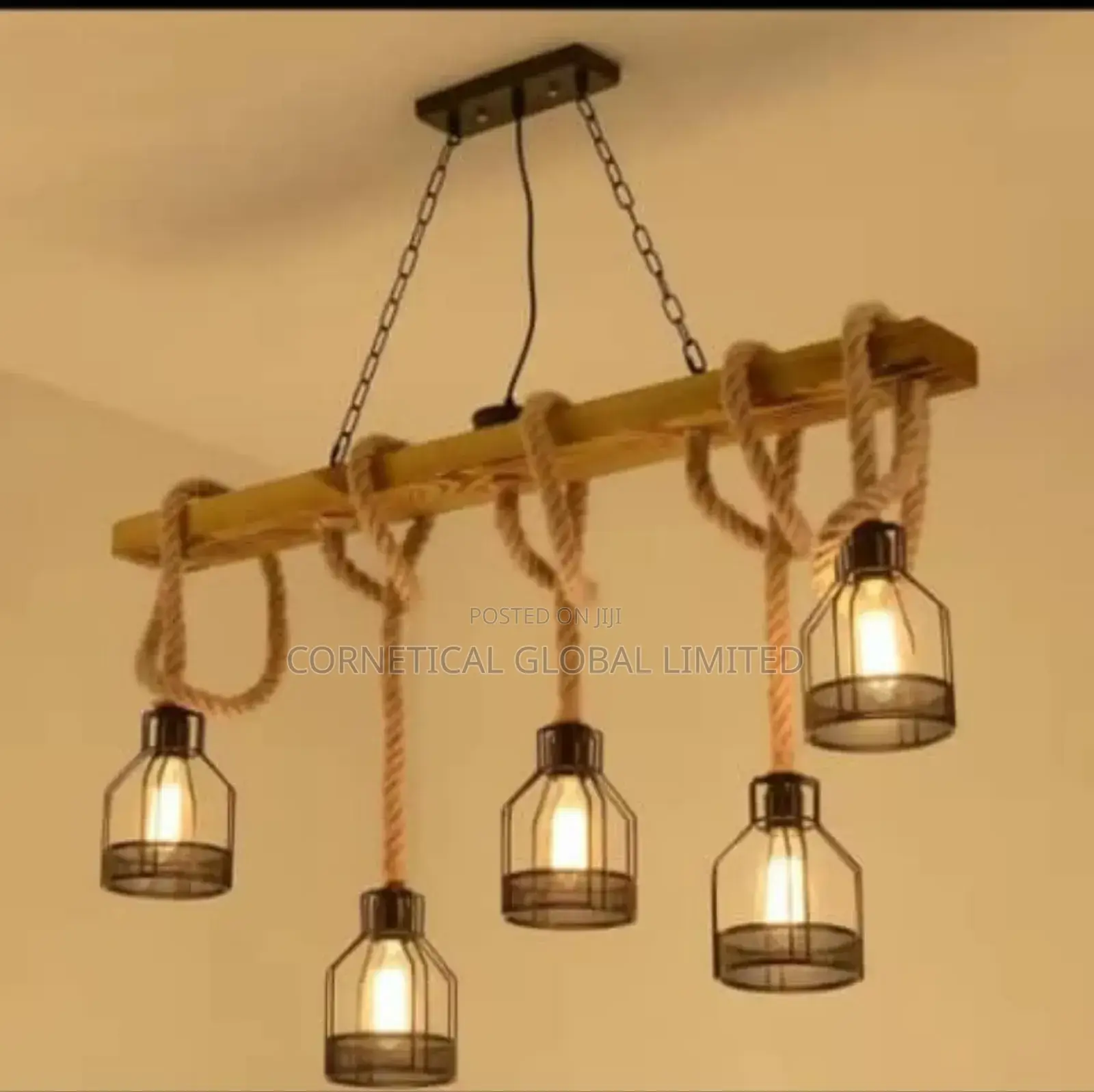 Wood Rope Multi-Pendant Ceiling Light – 5 Hanging Lanterns