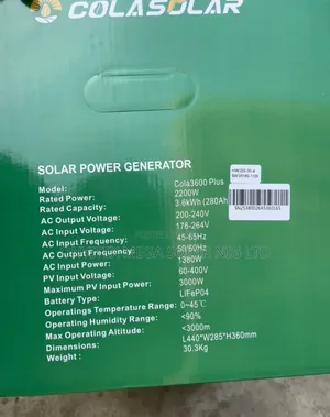 Cola Solar Power Generator 3600 Plus 2200w With Warranty