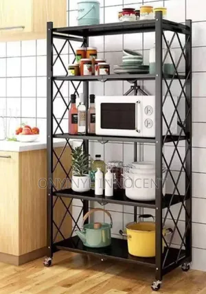 5-Tier Black Metal Kitchen Storage Rack Shelf With Wheels – Heavy Duty