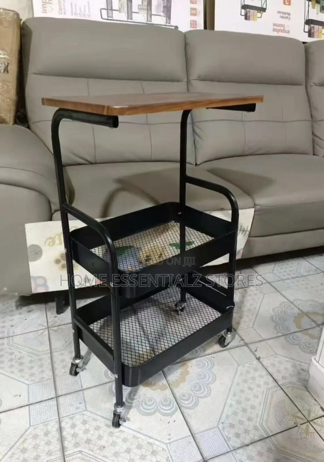 Rolling Kitchen Cart Wood Top - Heavy Duty Mesh Storage Trolley