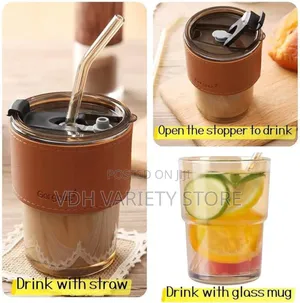 Big Size Leather Grip Quality Thick Glass Cup With Glass Straw