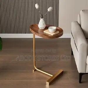 Minimalist Side Stool With Metal Base - Brown/Gold