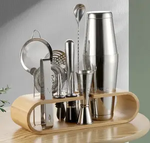 Stainless Steel Boston Shaker Bar Accessories Kit With Wooden Base 