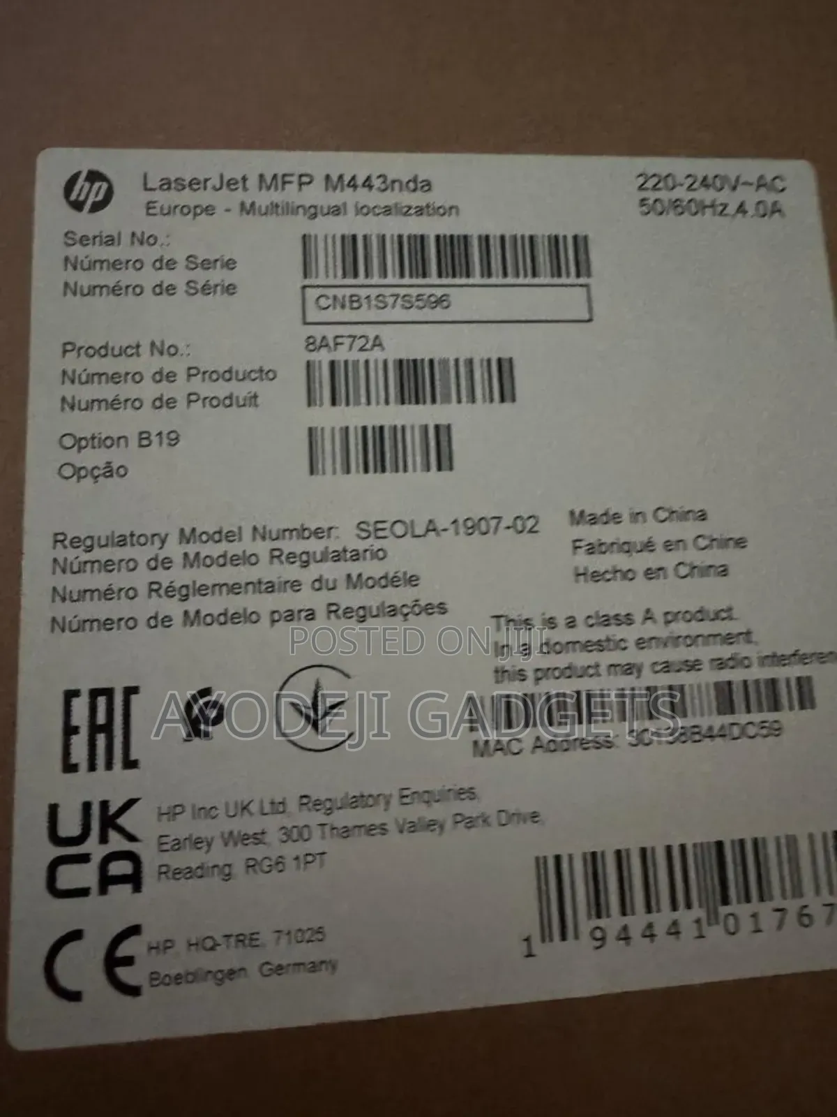 HP Laserjet MFP M443nda A4/A3 Printer