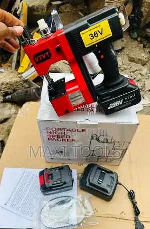 Portable, Cordless Bag Closing Machine Powered By A Battery.