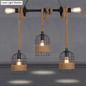 Black Birdcage Island Pendant Light With Jute Rope Cord - 5 Bulbs,