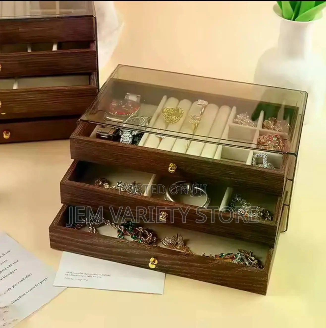 New Walnut Pattern Three-Layer Drawer Jewelry Storage Box