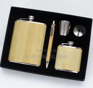 8oz Stainless Steel 5in1 Bamboo Hip Flask Set With Funnel Gift Box