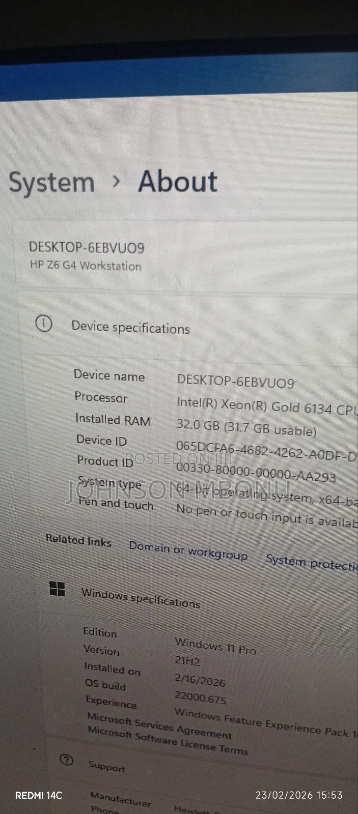 Desktop Computer HP Z6 G4 32GB Intel Xeon HDD 2T