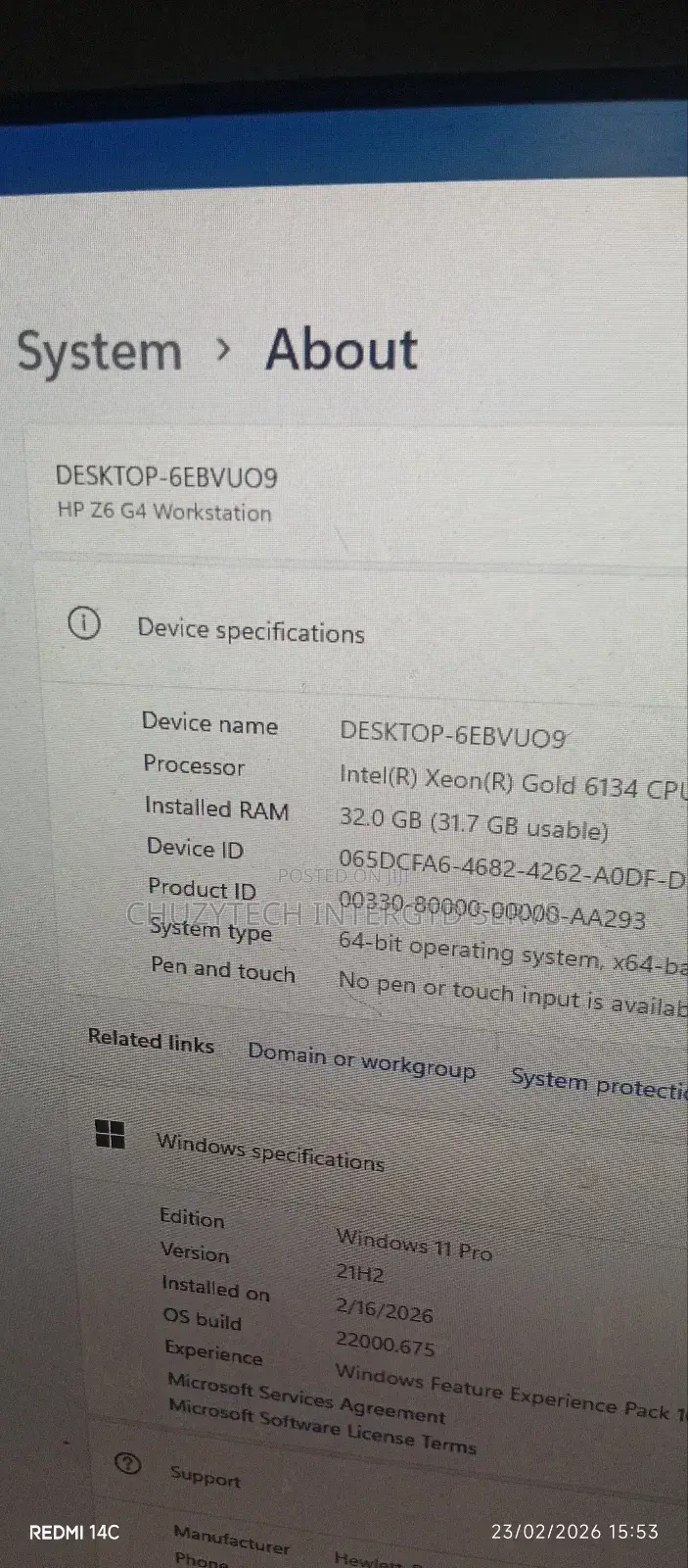 Desktop Computer HP Z6 G4 32GB Intel Xeon HDD 2T