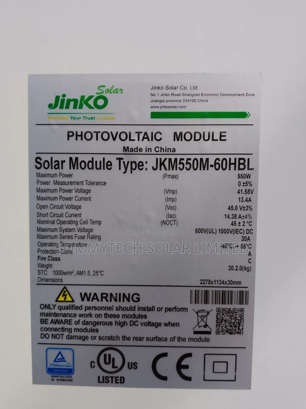 550w Jinko Solar Panel