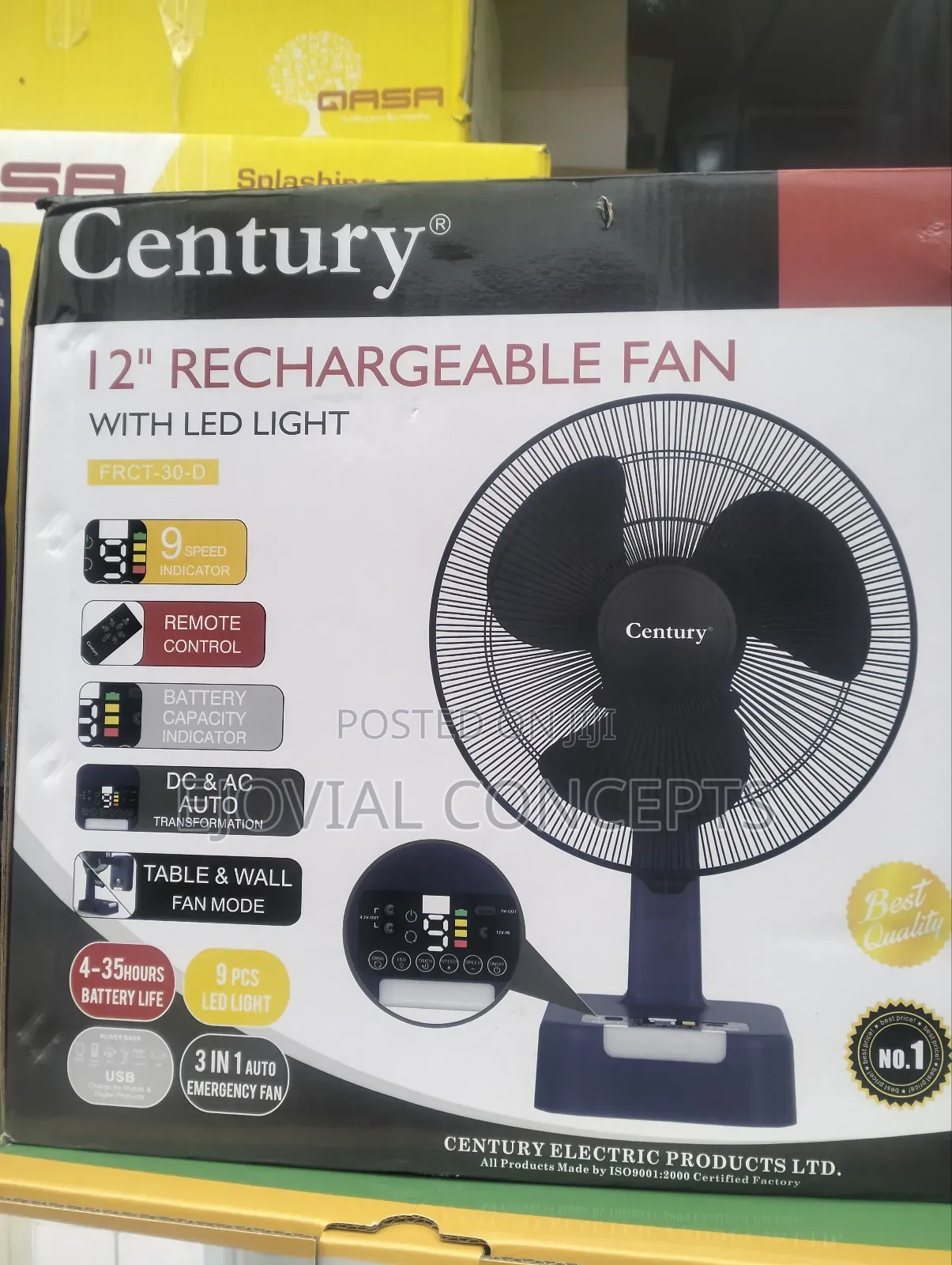Century 12-Inch Rechargeable Fan With Led Light – Remote Control
