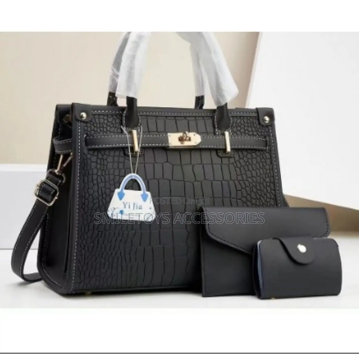 Luxury 3-in-1 Black Croc Pattern Handbag Set With Matching Purses