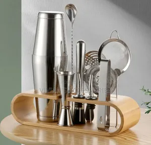 Stainless Steel Boston Shaker Bar Accessories Kit With Wooden Base.