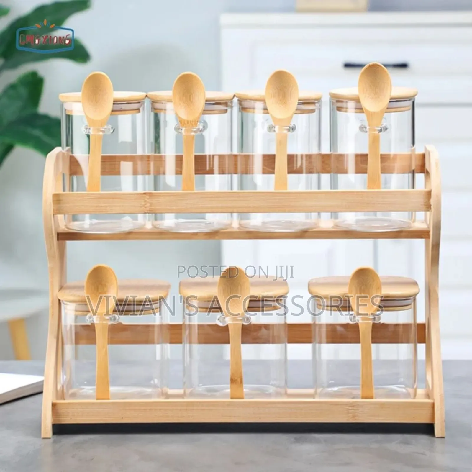 7pcs Spice Storage Airtight Jar With Spoon and Bamboo Rack.
