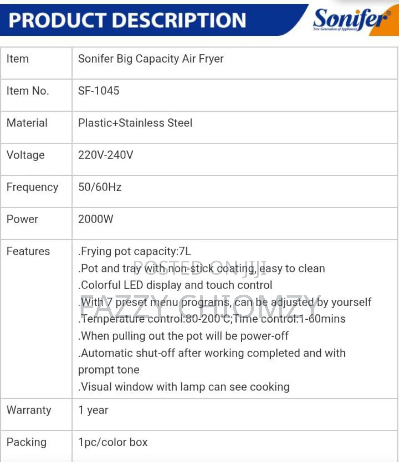 Sonifer 7liter Airfryer