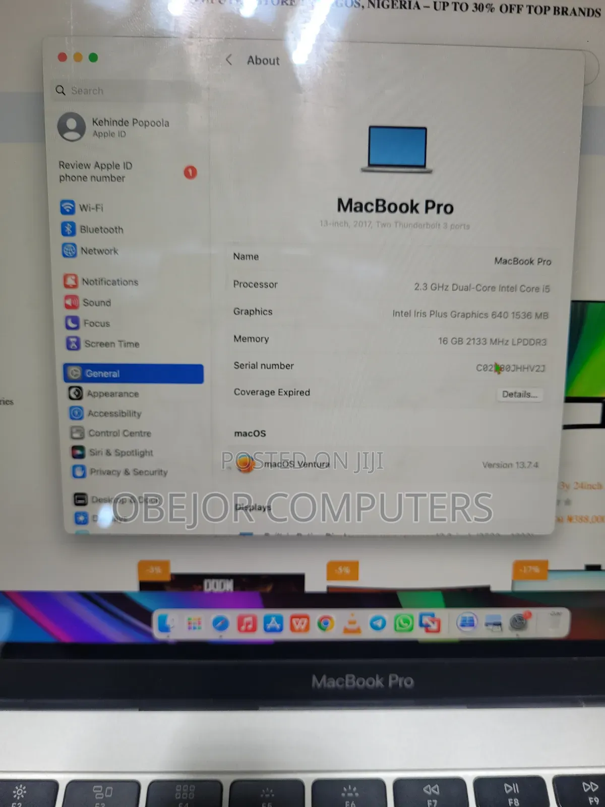 Laptop Apple MacBook Pro 2017 16GB Intel Core i5 SSD 256GB