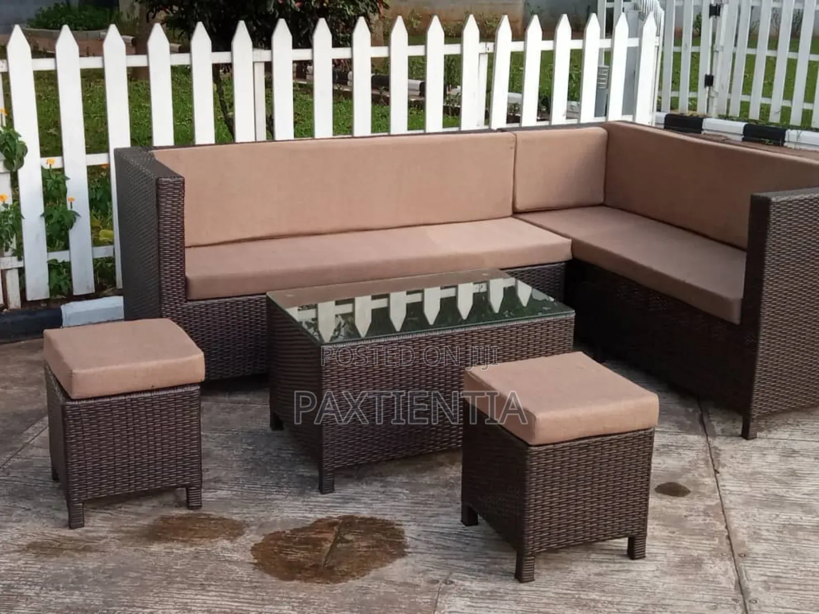 Cream & Brown L-shaped Plastic Sofa With Sides Stools & Centre Table