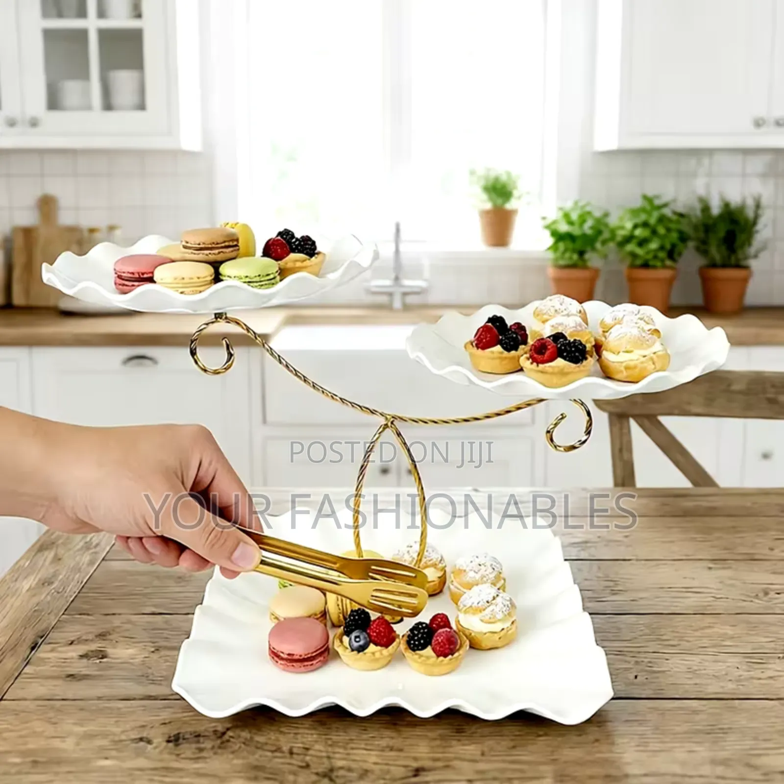 White 3 Tier Stand With Gold Tong