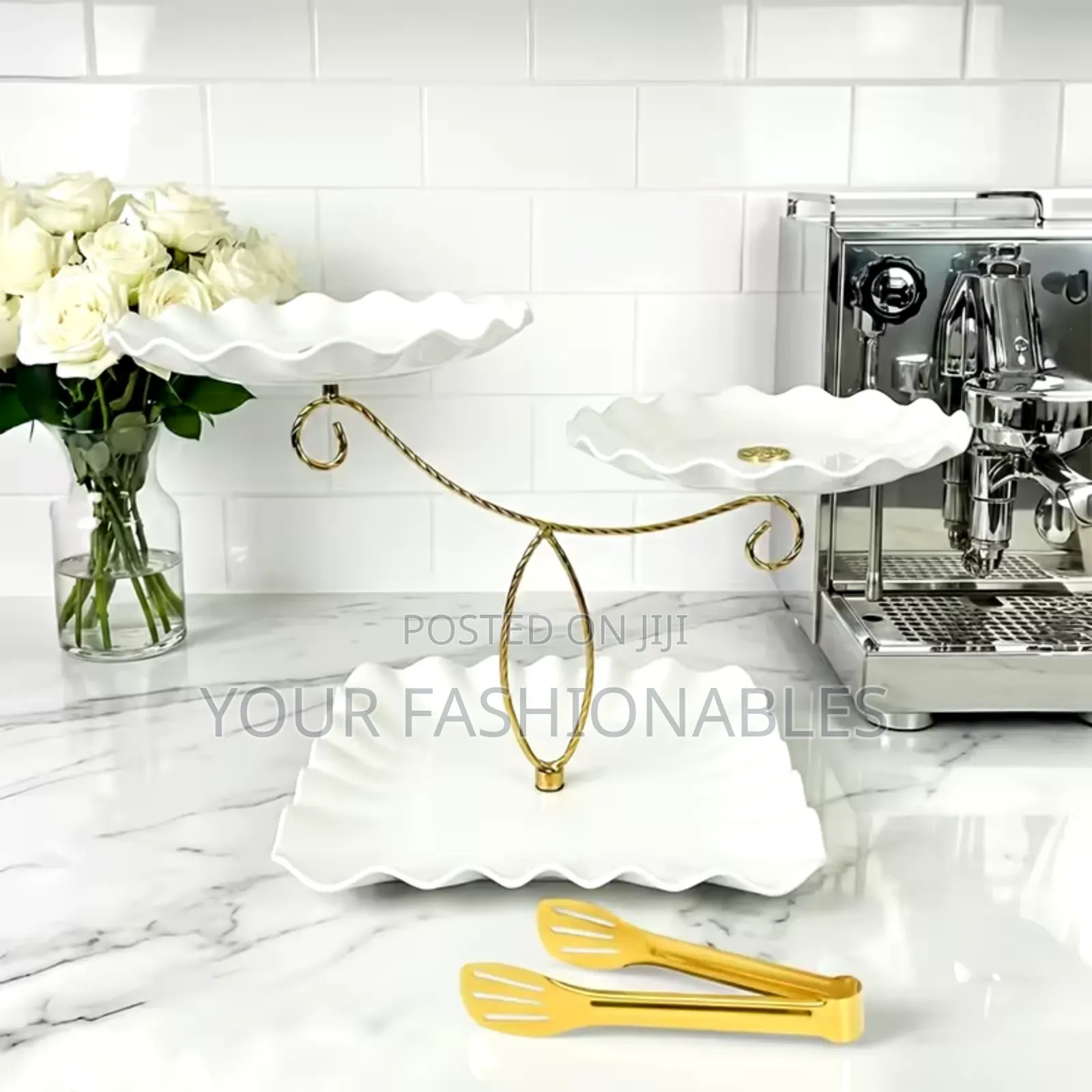 White 3 Tier Stand With Gold Tong