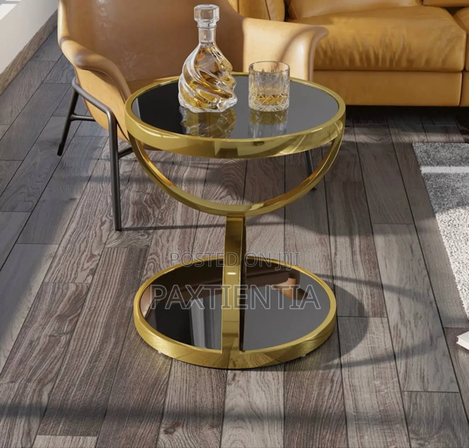 Round Glass Top Side Stool With Golden Design.