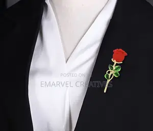Holiday Cheer Elegant Red Rose Brooch With Green Leaves -M