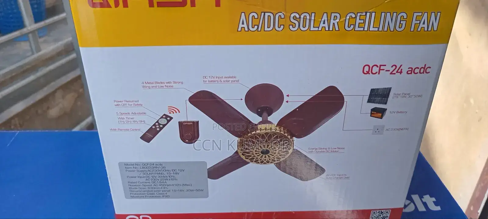 Qasa AC/Dc Solar Ceiling Fan, Remote Control, 4 Shot Blades .Qcf24