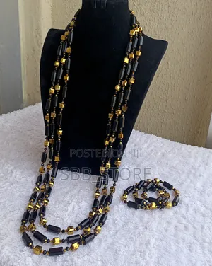 Men’S Black Gold Multi-Layer Beaded Necklace Set for Agbada