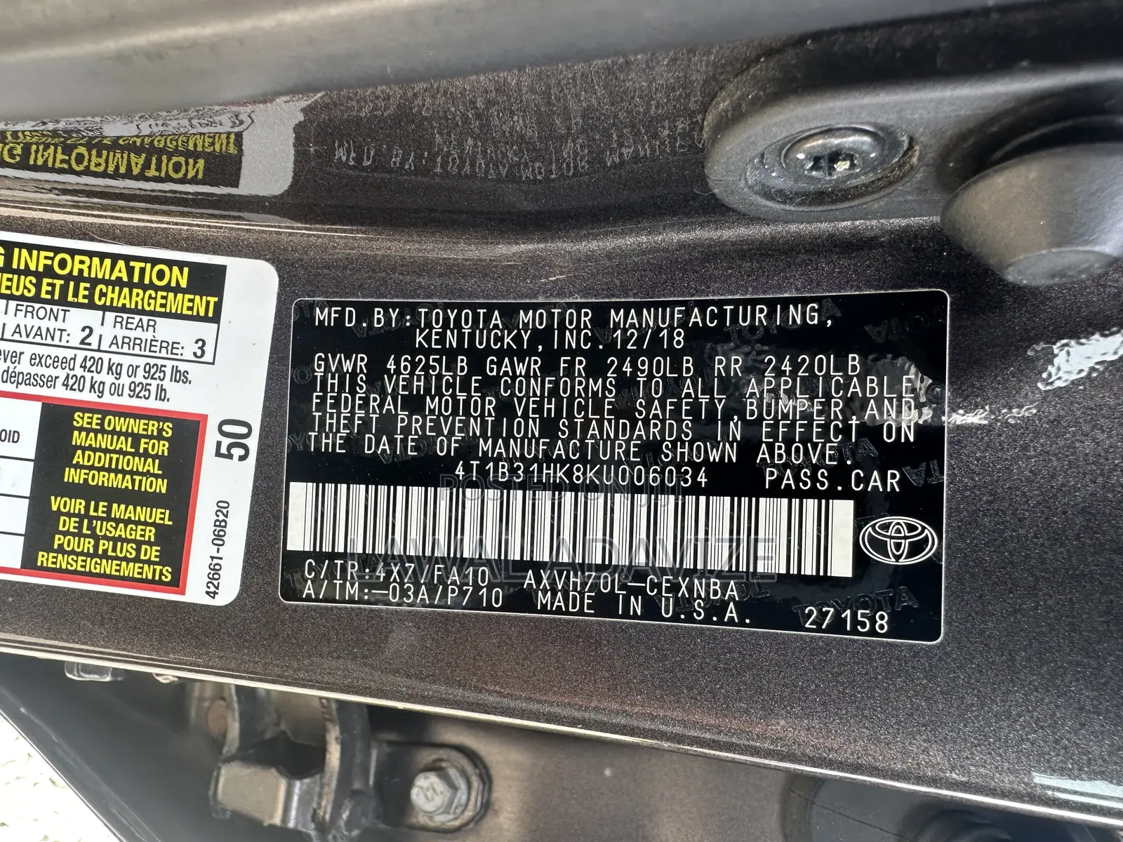 Toyota Camry LE (2.5L 4cyl 8A) 2019