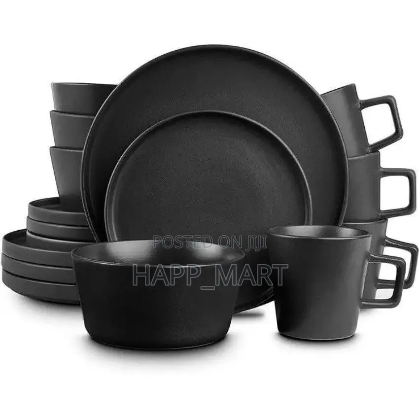 16pcs Matte Black Ceramic Plate Set